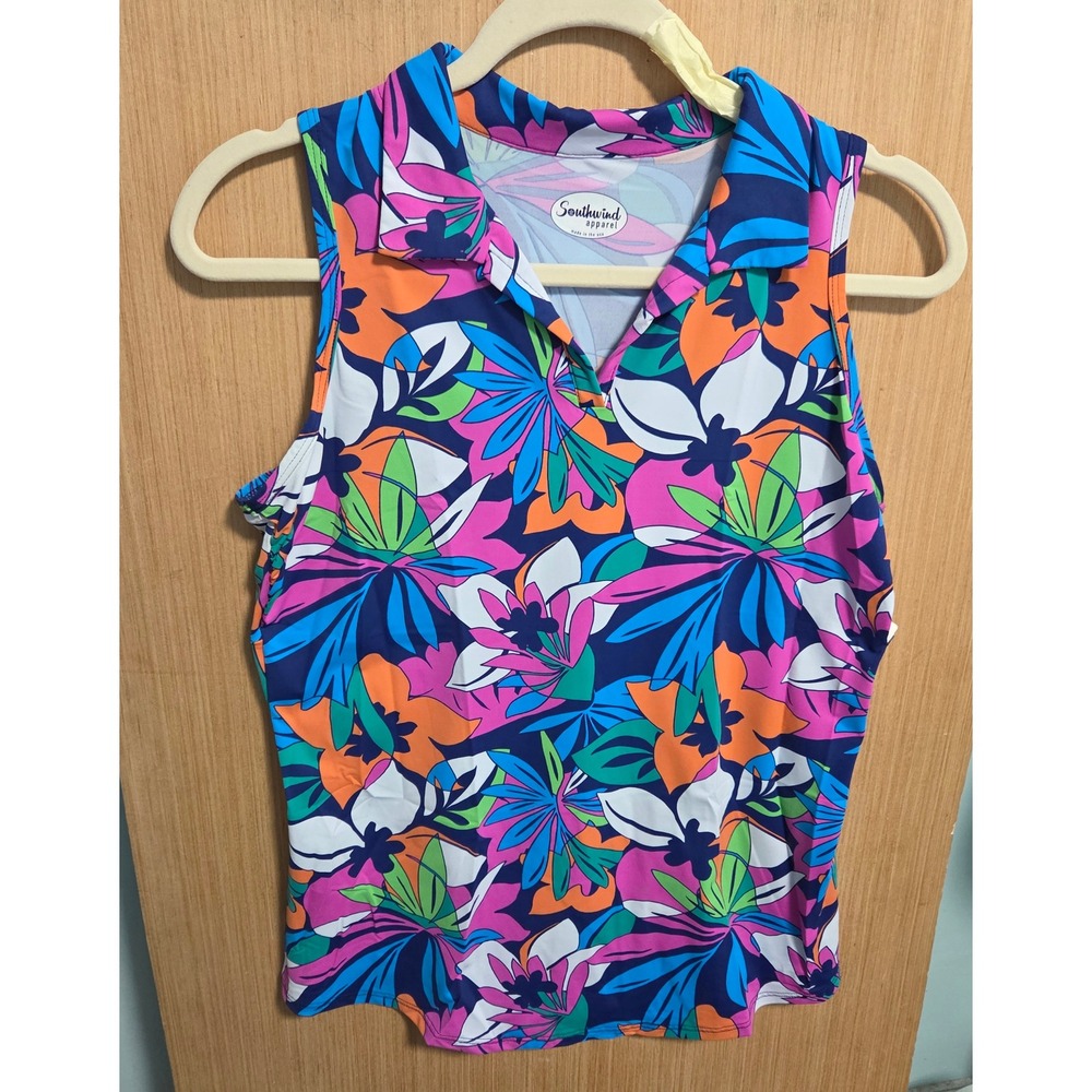 Southwind Apparel Womens Sz M Sleeveless Golf Polo Tropical Floral Pleated Back